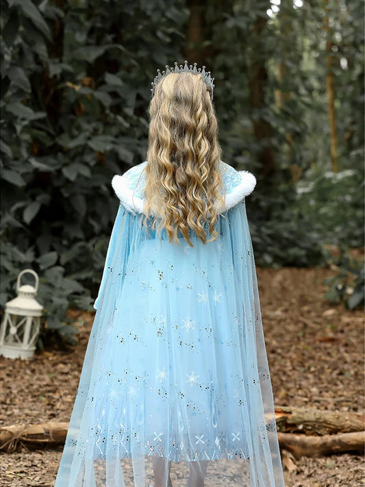 Girls Blue Velvet Princess Dress with Cape