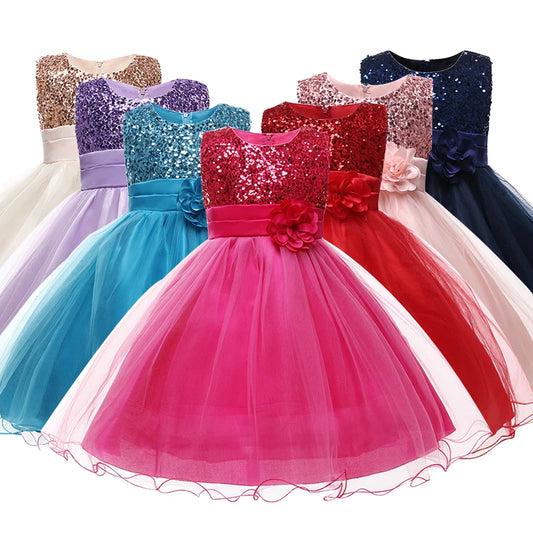 Girls Flower Sequin Princess Party Dress