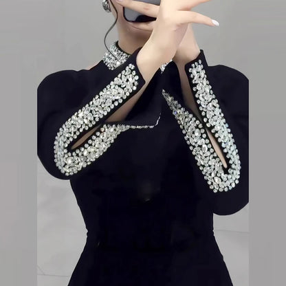Women’s Rhinestone Patchwork Dress – Long Sleeve Elegant Banquet Outfit