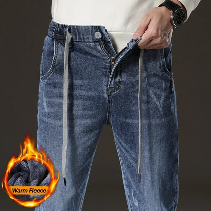 ❄️ Men’s Winter Fleece Jeans – Slim Straight Light Blue Denim