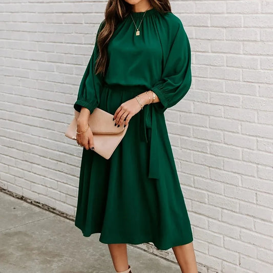 ✨ Women’s Belted A-Line Midi Dress – Long Sleeve Office Outfit