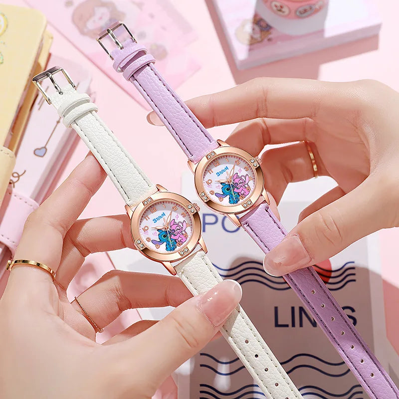 Girls Cartoon Watch – Leather Strap Kids Rhinestone Dial