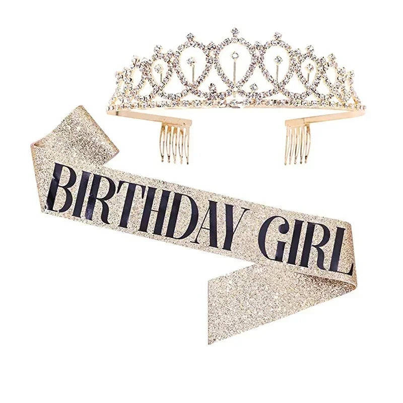 Bling Rhinestone Crystal Crown Tiara with Birthday Satin Sash