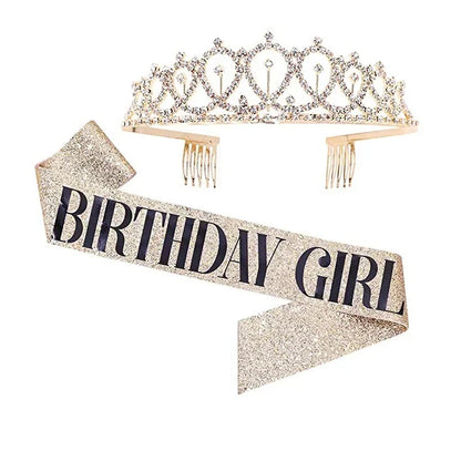 Bling Rhinestone Crystal Crown Tiara with Birthday Satin Sash