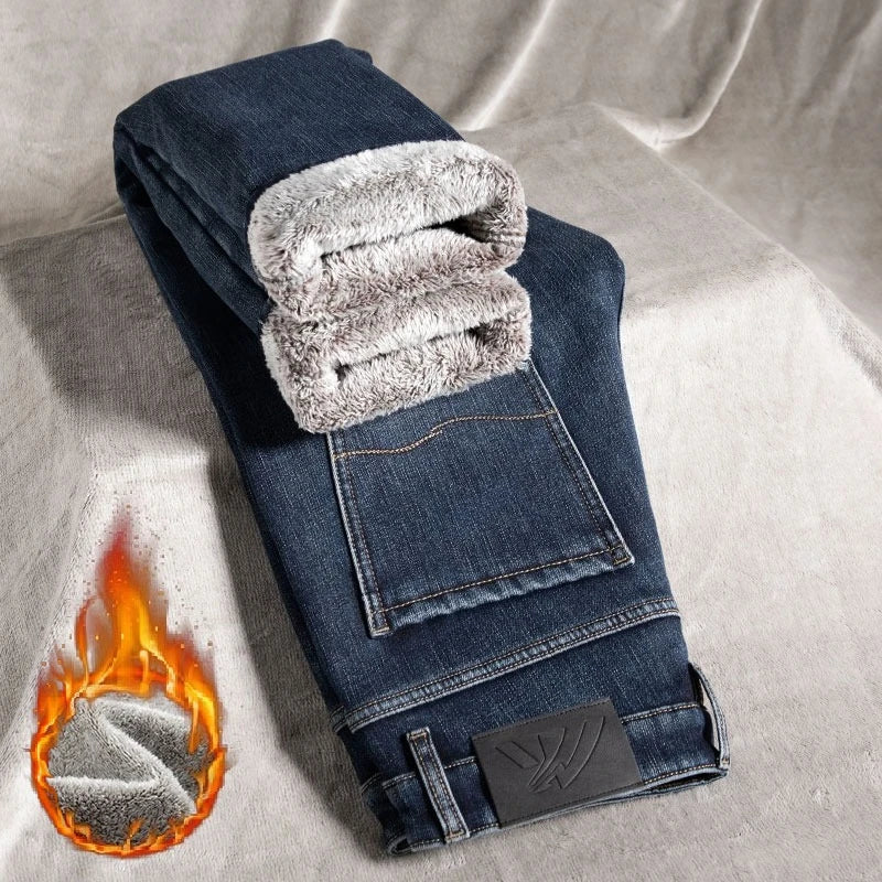 🔥 Men’s Winter Fleece Jeans – Slim Fit Business Casual Denim Pants