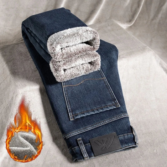 🔥 Men’s Winter Fleece Jeans – Slim Fit Business Casual Denim Pants