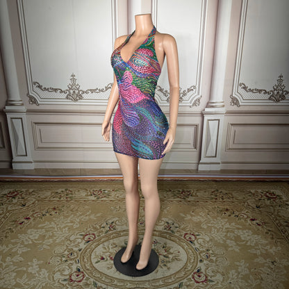 Women’s Patchwork Mini Dress – V-Neck Geometric Bodycon