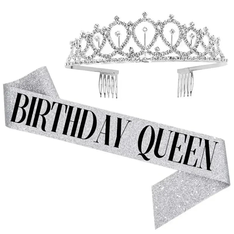 Bling Rhinestone Crystal Crown Tiara with Birthday Satin Sash