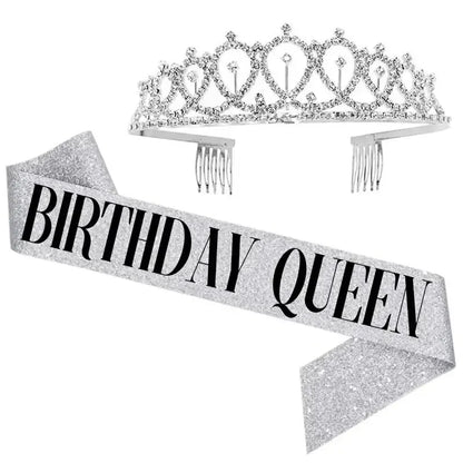 Bling Rhinestone Crystal Crown Tiara with Birthday Satin Sash