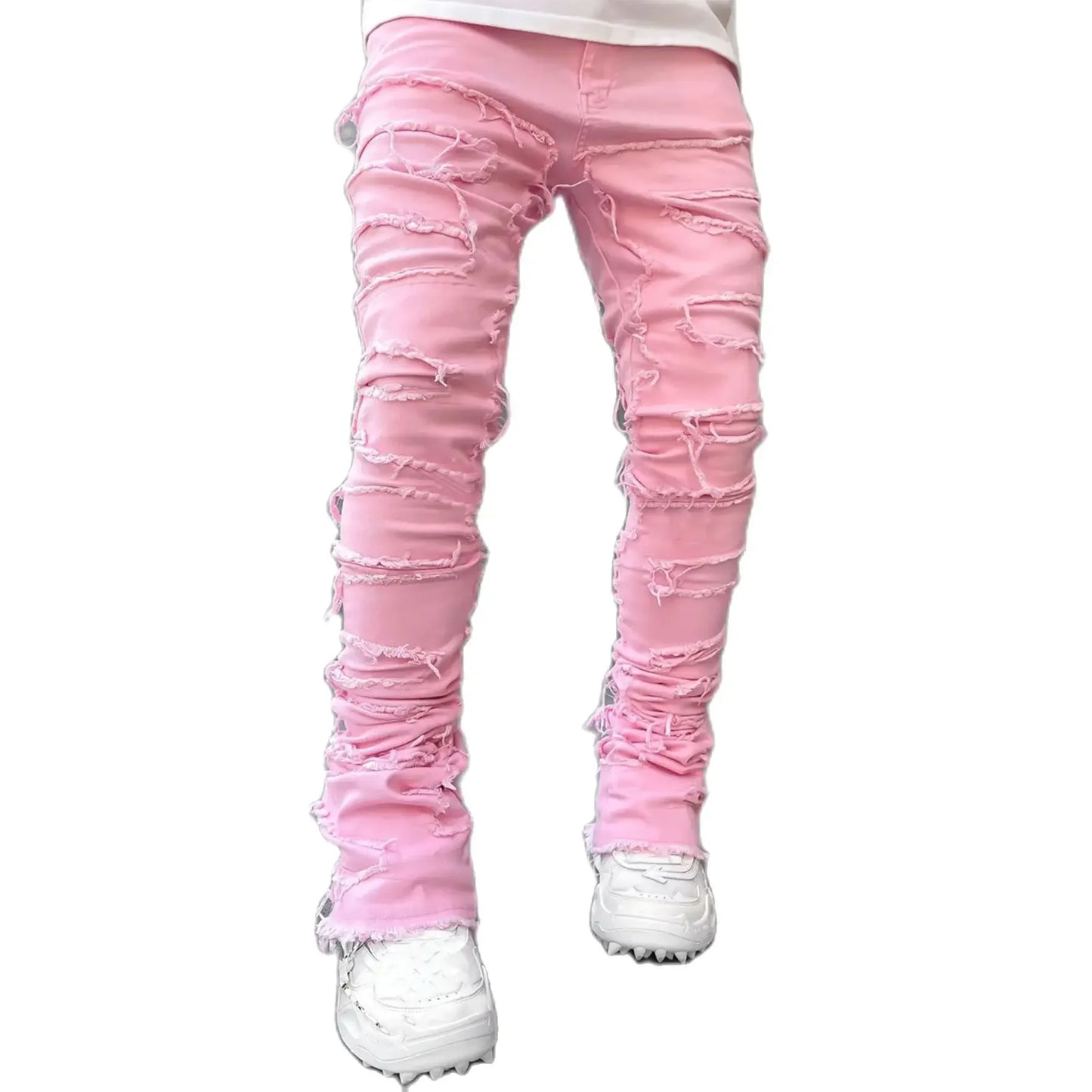 Men’s Ripped Stacked Jeans – Slim Fit Distressed Denim Pants