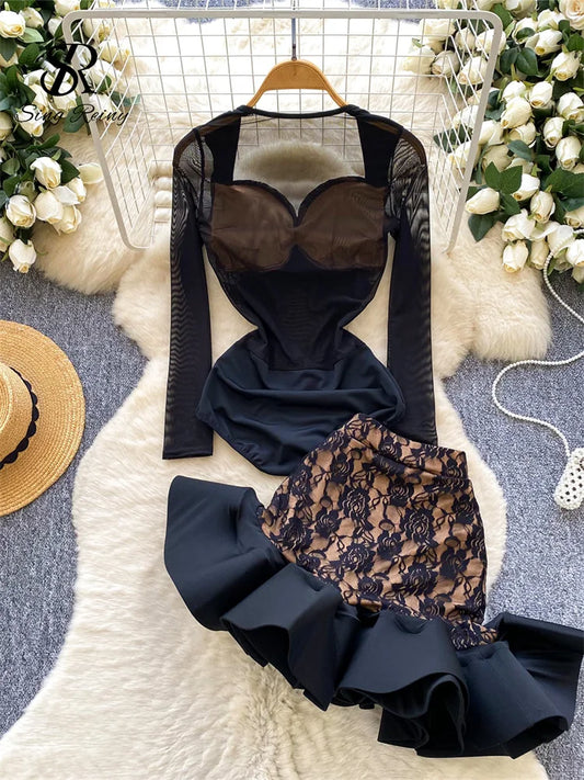💖 Elegant Floral Ruffle Bodysuit & Skirt Set – Valentine’s Party Wear