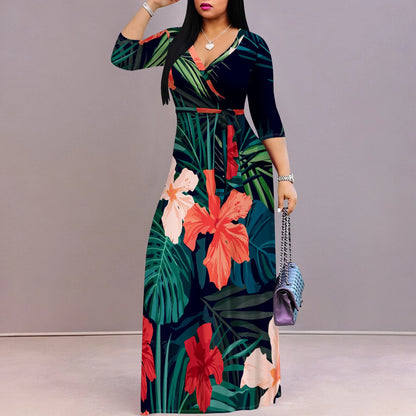 Women’s Floral Print Maxi Dress – V-Neck 3/4 Sleeve Summer Gown