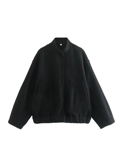 Women Oversized Bomber Jacket 🖤 | Vintage Snap Button Coat