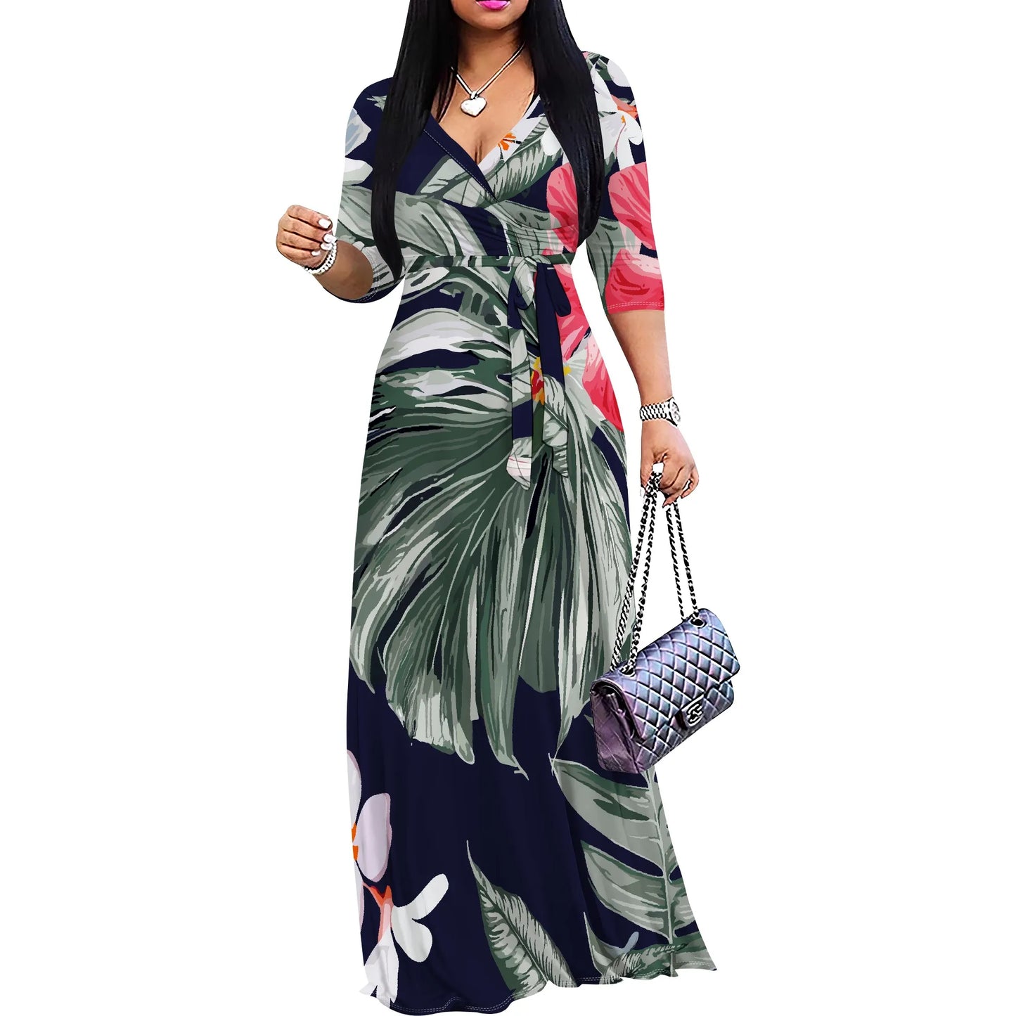 Women’s Floral Print Maxi Dress – V-Neck 3/4 Sleeve Summer Gown