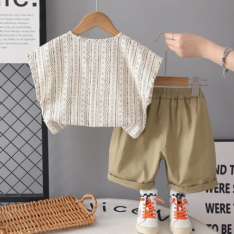 Kids Summer Wave Stripe Outfit Set – T-Shirt & Shorts (2-Piece Boys Wear)