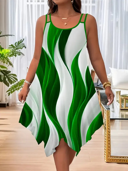 ✨ Plus Size Geometric Striped Dress – Double Strap Asymmetrical Style