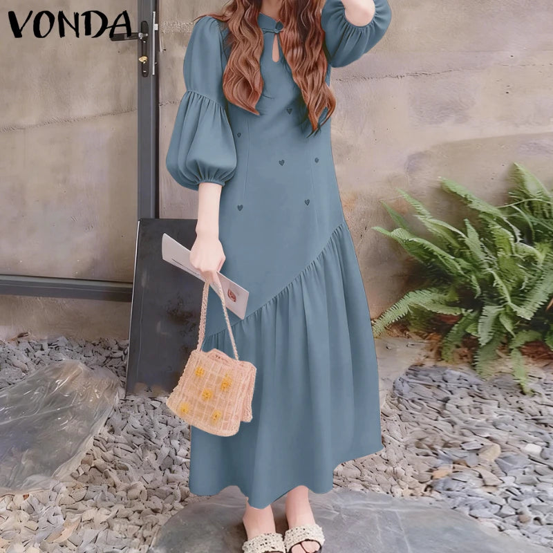 Women’s Printed Maxi Dress – Stand Collar Lantern Sleeve