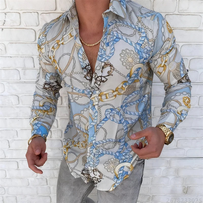 Men’s Luxury Chain Print Slim Fit Long Sleeve Shirt