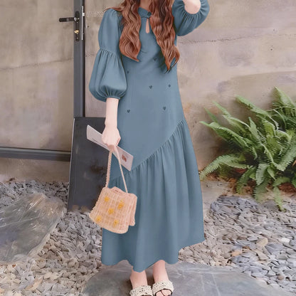 Women’s Printed Maxi Dress – Stand Collar Lantern Sleeve