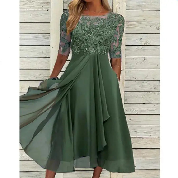 🌍 Glomexia Fashion – Elegant O-Neck Chiffon Lace Dress 👗