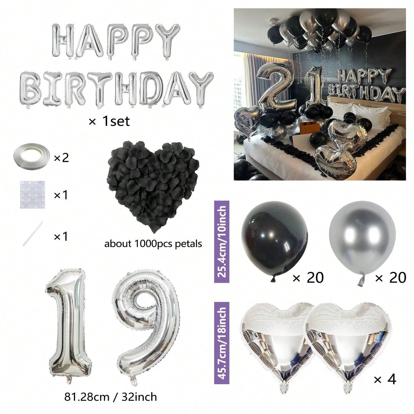Black & Silver Birthday Balloon Decoration Set – 1050pcs Party Kit