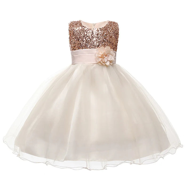 Girls Flower Sequin Princess Party Dress