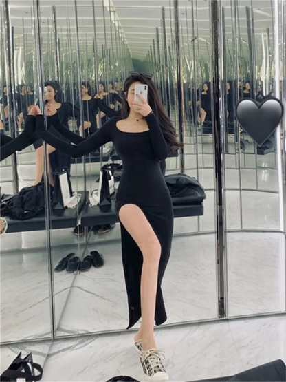 Women’s Side Slit Bodycon Dress – Long Sleeve Wrap Hip Gown