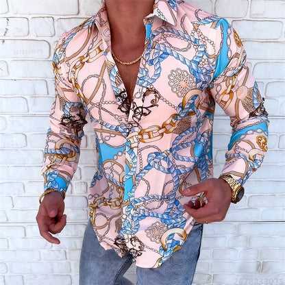 Men’s Luxury Chain Print Slim Fit Long Sleeve Shirt