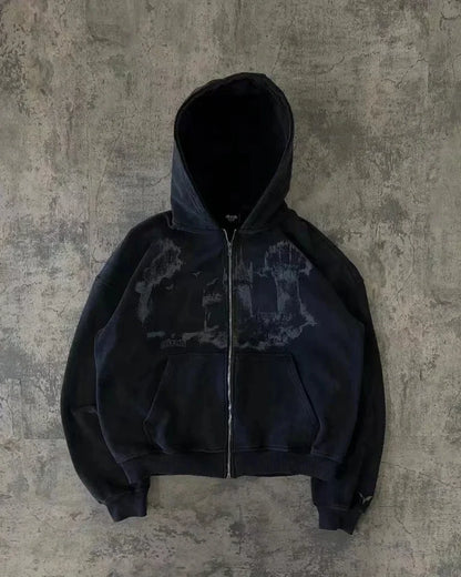 🔥 Men’s Skull Print Zip Up Hoodie – Black & Red Streetwear