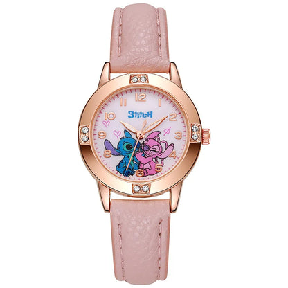Girls Cartoon Watch – Leather Strap Kids Rhinestone Dial