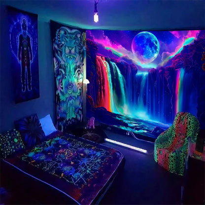 🌙 UV Glow Waterfall Moon Tapestry