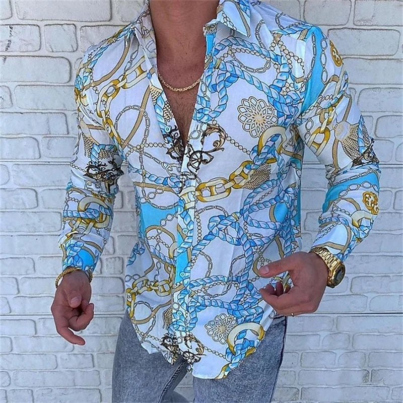 Men’s Luxury Chain Print Slim Fit Long Sleeve Shirt