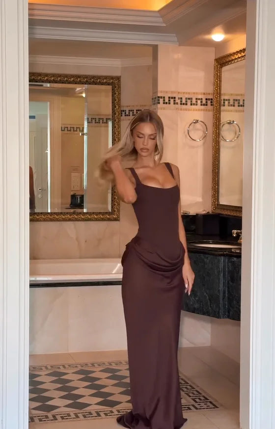 Glomexia Pleated Sling Dress ✨ | Square Neck Party Gown