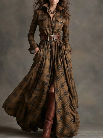 Owner Girl Plaid Long Dress 👗 | Trendy A-Line Button Style Women’s Wear