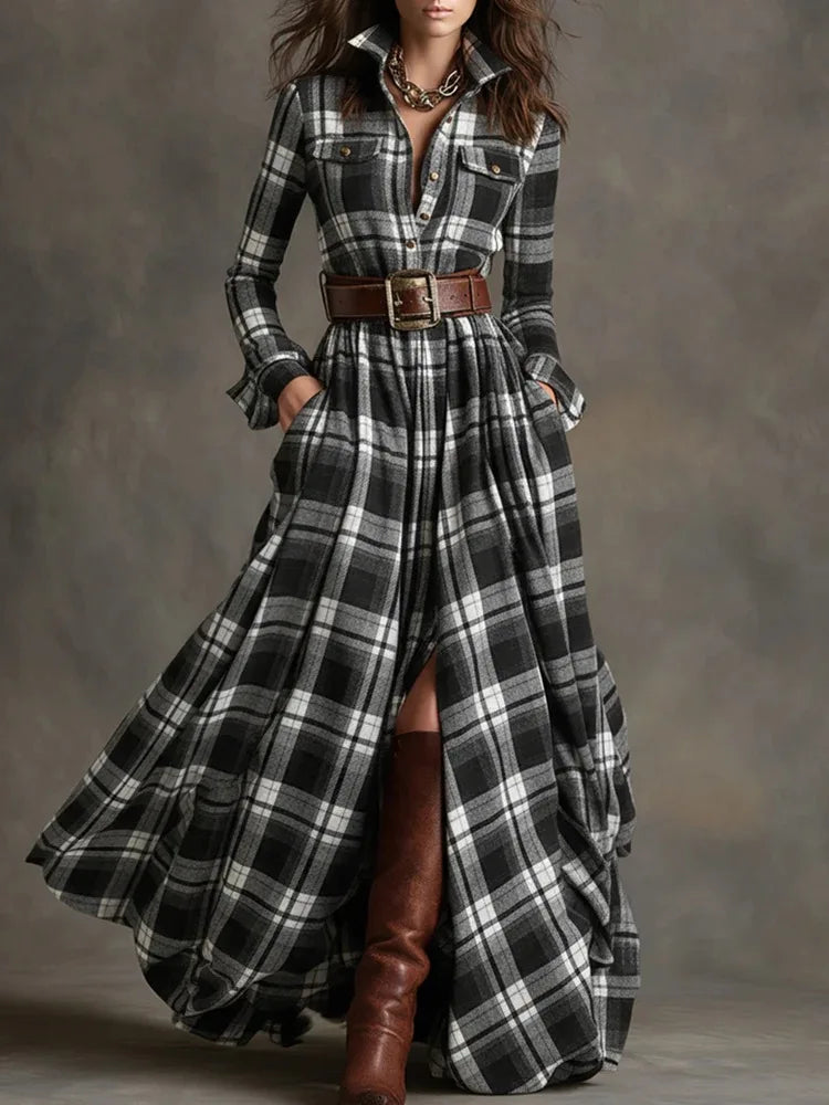 Owner Girl Plaid Long Dress 👗 | Trendy A-Line Button Style Women’s Wear