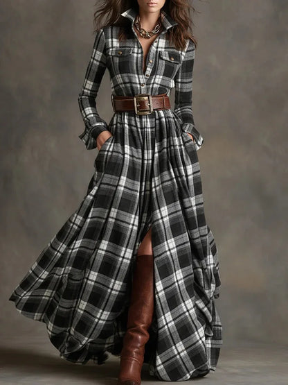 Owner Girl Plaid Long Dress 👗 | Trendy A-Line Button Style Women’s Wear