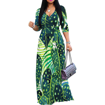 Women’s Floral Print Maxi Dress – V-Neck 3/4 Sleeve Summer Gown