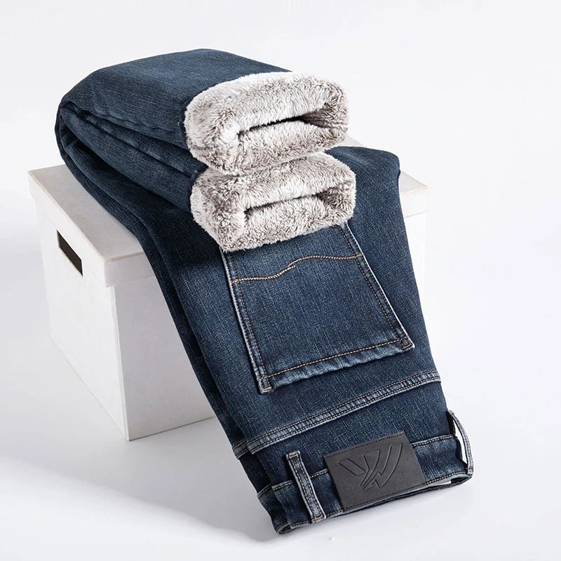 🔥 Men’s Winter Fleece Jeans – Slim Fit Business Casual Denim Pants