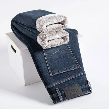🔥 Men’s Winter Fleece Jeans – Slim Fit Business Casual Denim Pants