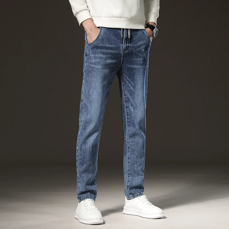 ❄️ Men’s Winter Fleece Jeans – Slim Straight Light Blue Denim