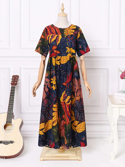 Women’s Bohemian Cotton Maxi Dress – Floral Print O-Neck