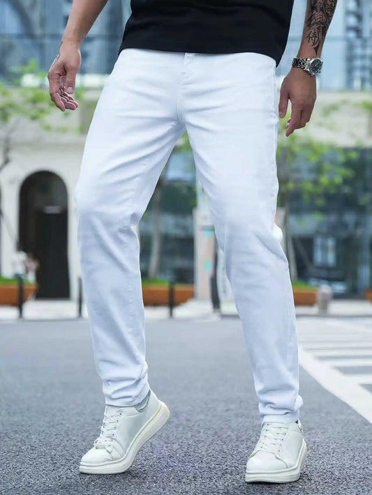 👖✨ Men’s Slim Fit White Stretch Denim Pants – All Season Comfort