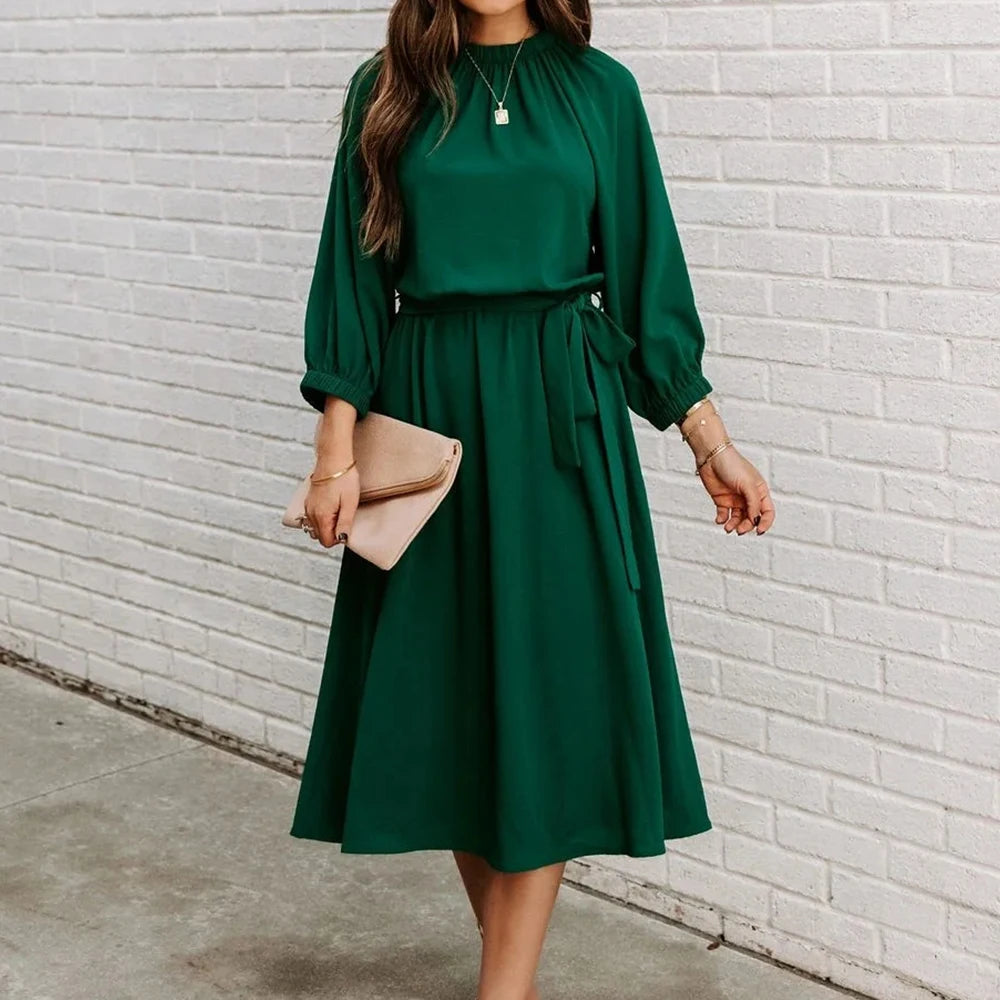 ✨ Women’s Belted A-Line Midi Dress – Long Sleeve Office Outfit