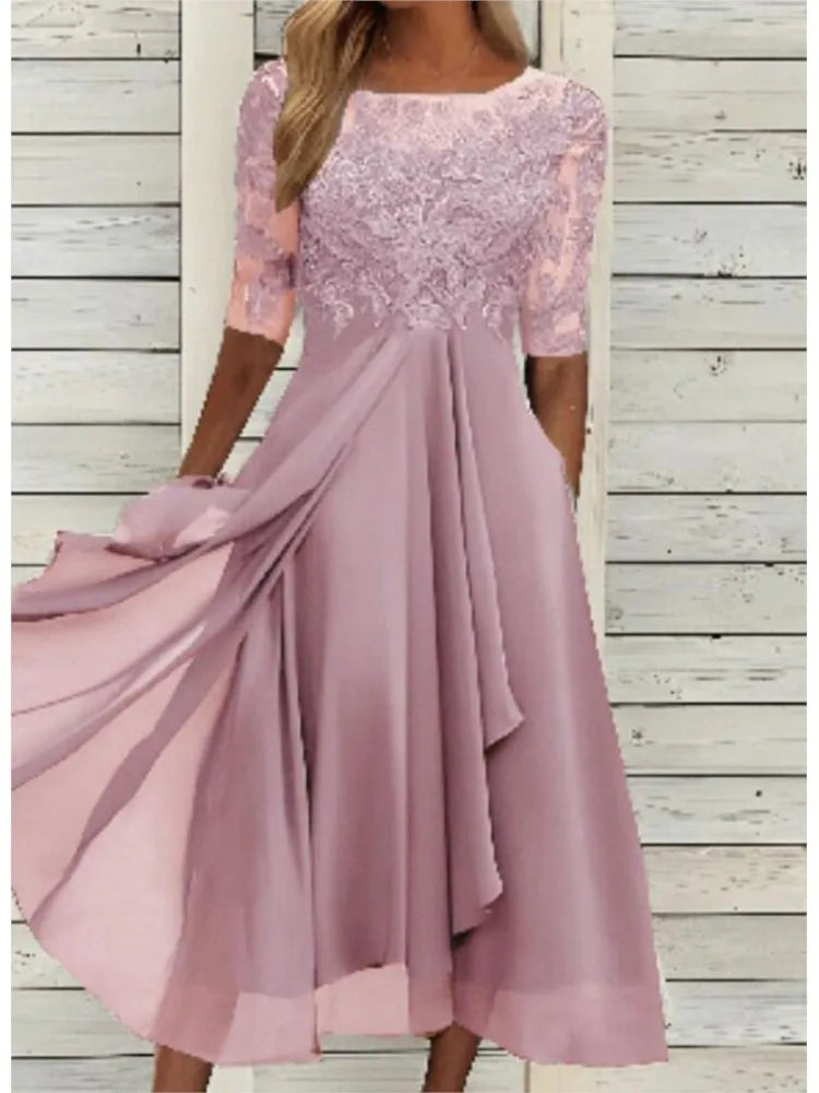 🌍 Glomexia Fashion – Elegant O-Neck Chiffon Lace Dress 👗