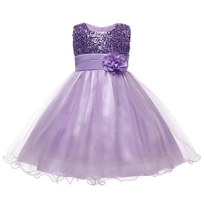 Girls Flower Sequin Princess Party Dress