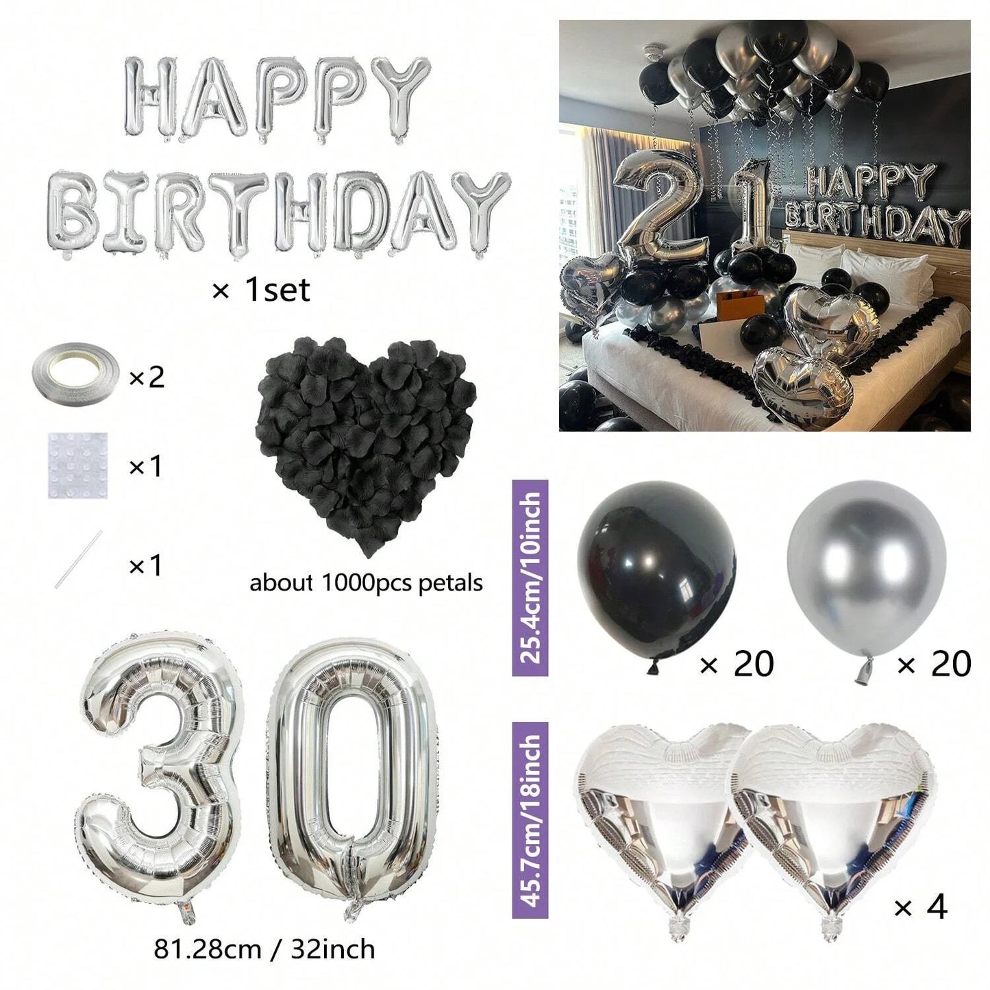 Black & Silver Birthday Balloon Decoration Set – 1050pcs Party Kit