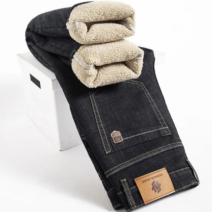 🔥 Men’s Winter Fleece Straight Jeans – High Waist Warm Denim