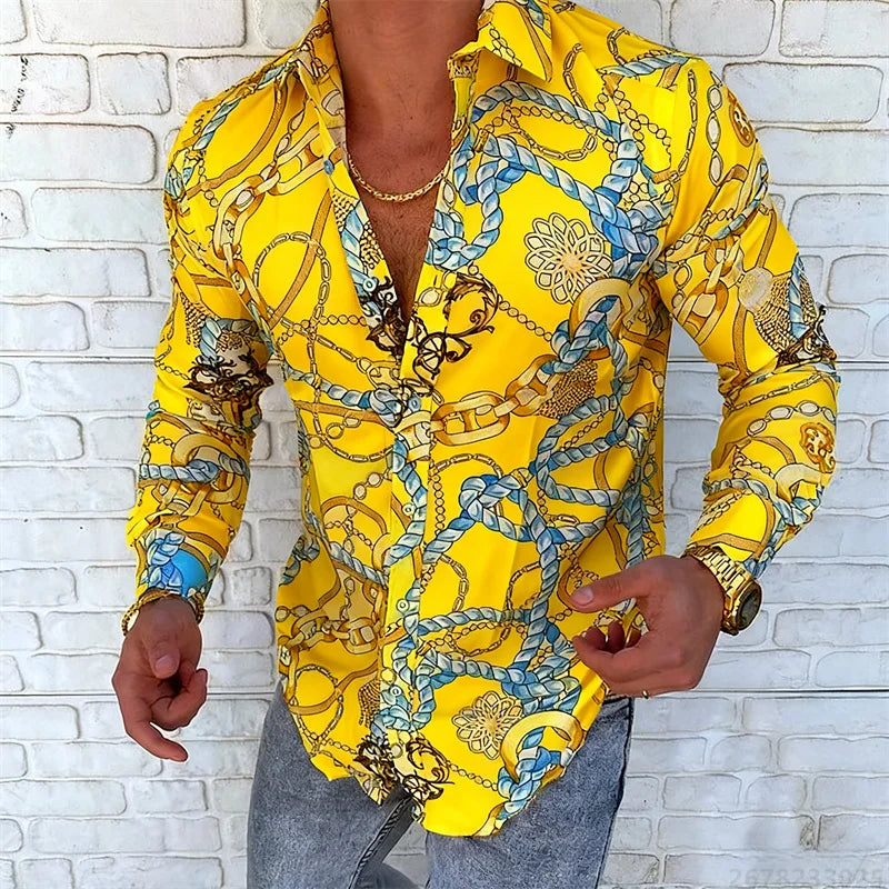 Men’s Luxury Chain Print Slim Fit Long Sleeve Shirt