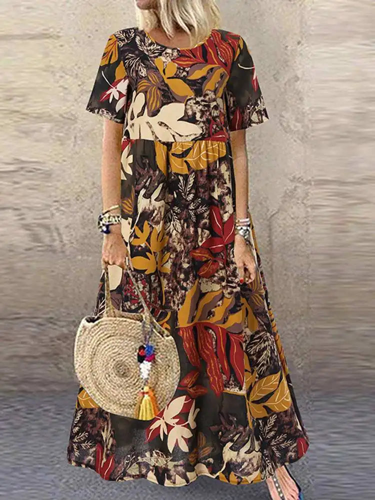 Women’s Bohemian Cotton Maxi Dress – Floral Print O-Neck
