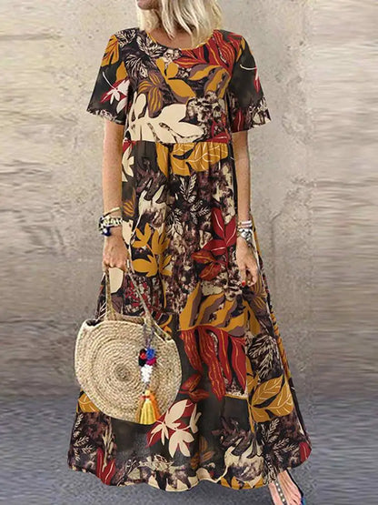 Women’s Bohemian Cotton Maxi Dress – Floral Print O-Neck